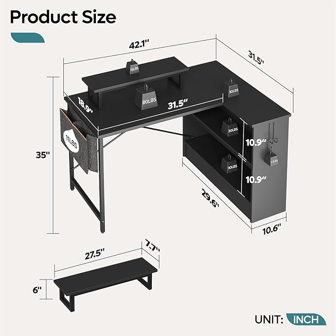 Bestier Small L Shaped Desk with LED Lights 42 Reversible Computer Desk with Open Storage Cabinet &amp Monitor Stand Corner Desk with Side Storage Bag for Home Office Bedroom Black