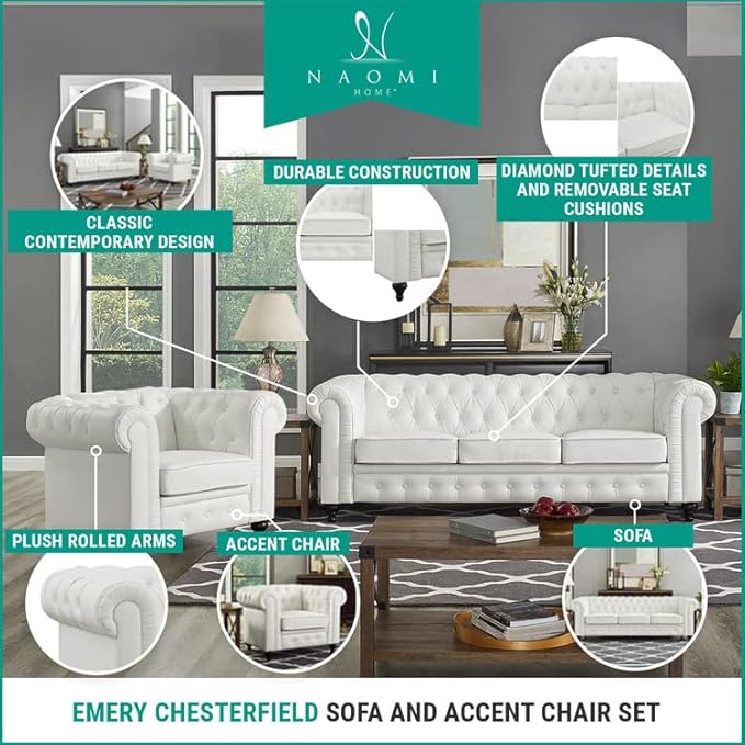 Naomi Home Emery Chesterfield Love Seat Loveseat Sofa &amp Accent Chair with Rolled Arms Tufted Cushions Solid Wooden Legs Deep Seating Comfy Bedroom Living Room Reading Chair/Tool-Free Assembly – G