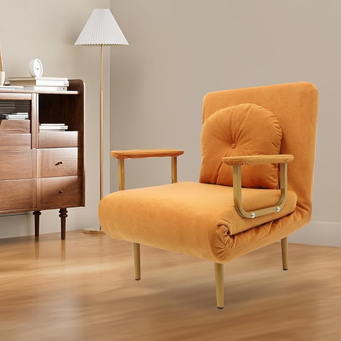 Sleep Chair Bed Convertible Sleeper Chairs for Adults 5-Position Recliner &amp 286lbs Capacity Orange Folding Sofa Bed with Adjustable Backrest &amp Pillow for Small Space Office