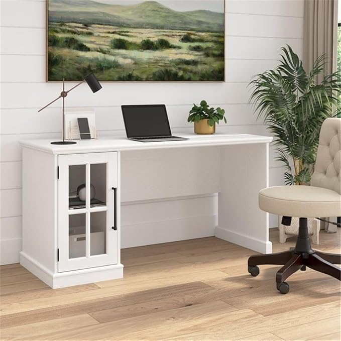 BOWERY HILL Contemporary 60W Computer Desk White Ash Finish Storage Cabinet with Adjustable Shelf Wire Management Matte Black Handles Home Office Desk for Workspace or Small Home Office Use