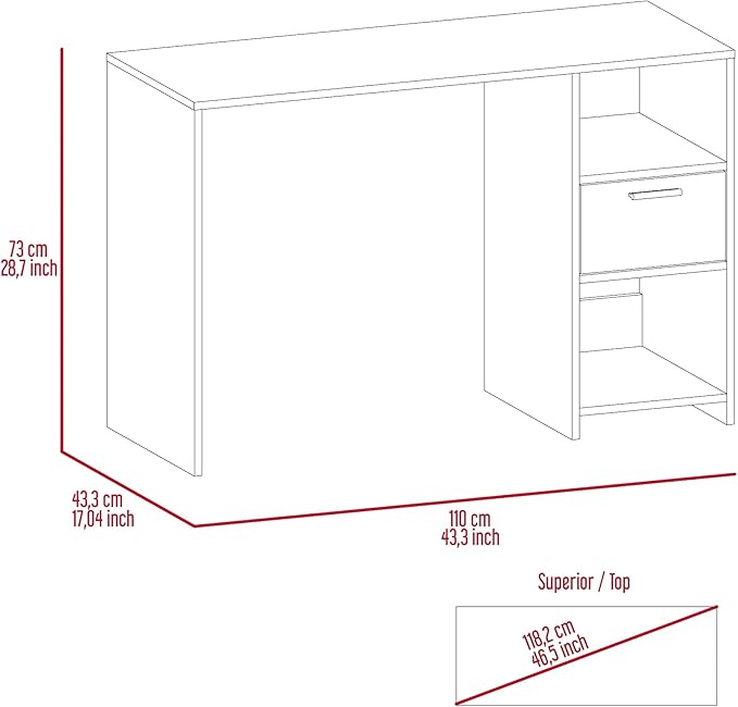 Penau Computer Desk with Drawer and Two Shelves Compact Design for Home Office Spacious Work Surface 43.3W x 17.0D Inches Grey Finish Open Storage Compartments