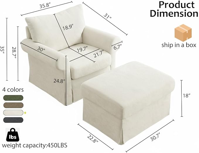 35.8 Accent Chair with Ottoman Set Comfy Chenille Upholstered Armchair with Rolled Arms Modern Single Reading Chair for Living Room Bedroom Apartment Beige