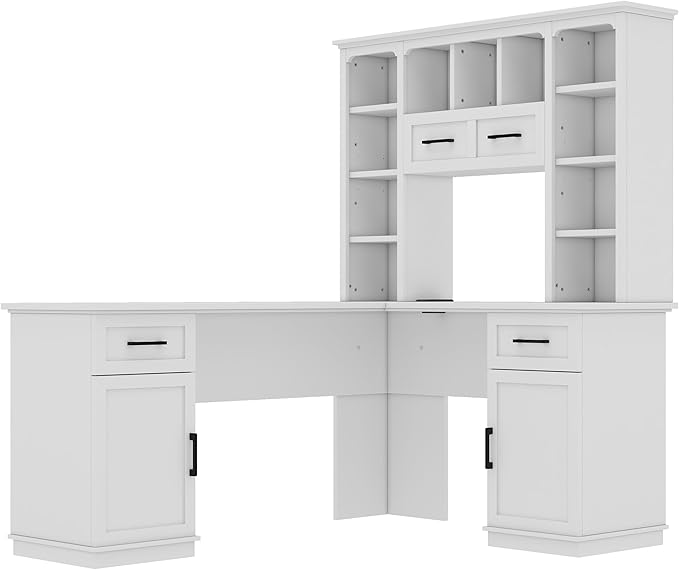L Shaped Computer Desk with Drawers Bookshelf &amp Hutch Modern Corner Home Office Desk L-Shaped Study Table Writing Corner Gaming Computer Desk with Storage (White)