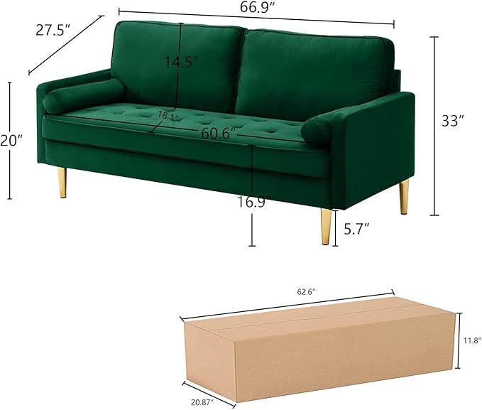 65 Love Seat Sofa Velvet Small Sofa Small Couch for Bedroom Living Room Bedroom Loveseat with 2 Pillows Gold Legs Modern Tufted Seat Upholstered Seating for Office Apartment (Green)