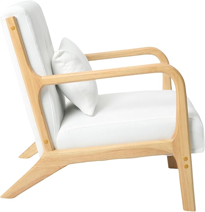 Mid Century Modern Accent Chair with Wood Frame Living Room Chairs with Waist Cushion Bedroom Chair with Arm for Reading (Beige)