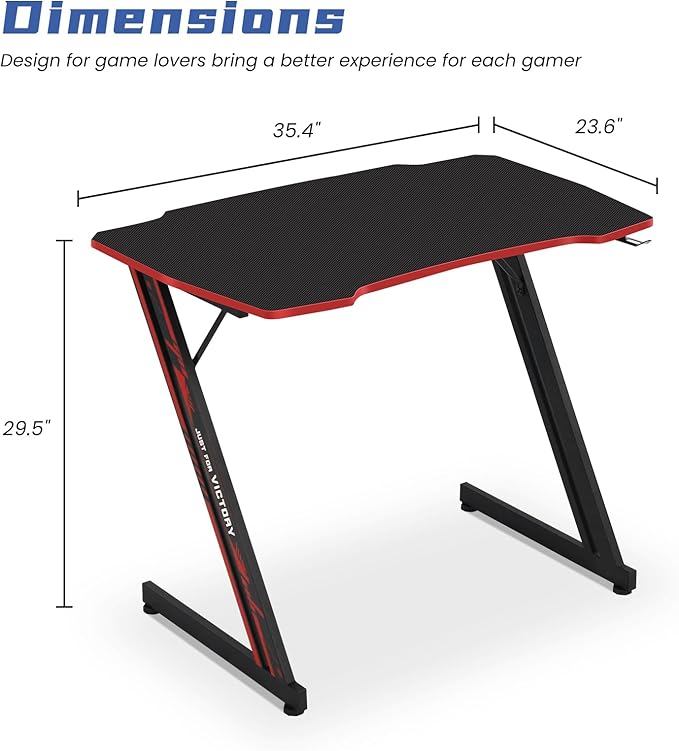 Gaming Desk 35 Inch Z-Shaped Gaming Computer Desk Modern Ergonomic PC Computer Table Home Office Desk Racing Style Gaming Workstation with Headphone Hook Red