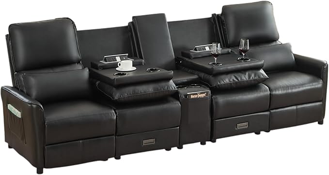 Reclining Loveseat Sofa 4 Seat Manual Recliner Couch with Flip Middle Backrest Console Wall Hugger Storage Drawer &amp Cup Holder for RV &amp Living Room Seating (Black 4 seat &amp Console)