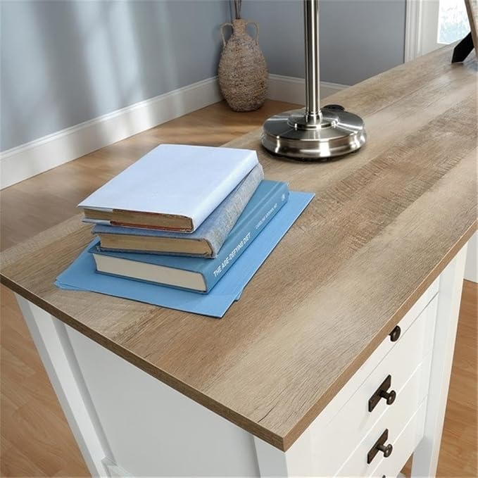 Pemberly Row L-Shaped Engineered Wood Home Office Desk Soft White and Lintel Oak Finish 65 in Wide Spacious Work Surface with Storage Drawers and Shelf Cord Management Versatile Placement