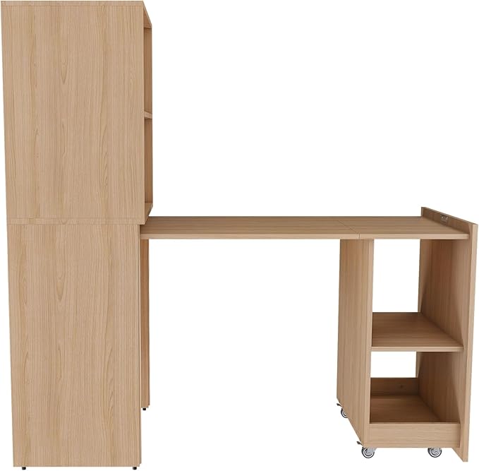 Fold Out Desk with Storage Shelves Convertible Murphy Table Mid Century Pull Out Home Office Desk with Mobile Wheels Hidden Writing Desks for Small Spaces (Natural Wood)