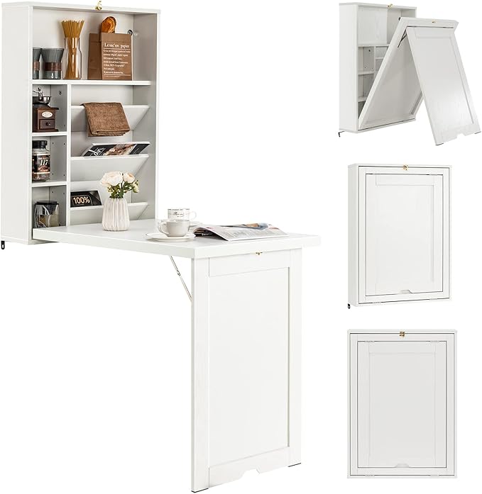 Folding Wall Mounted Desk Fold Down Table with Storage Shelves Wood Convertible Floating Table for Small Spaces Murphy Desk Wall Mount for Home Office (White)