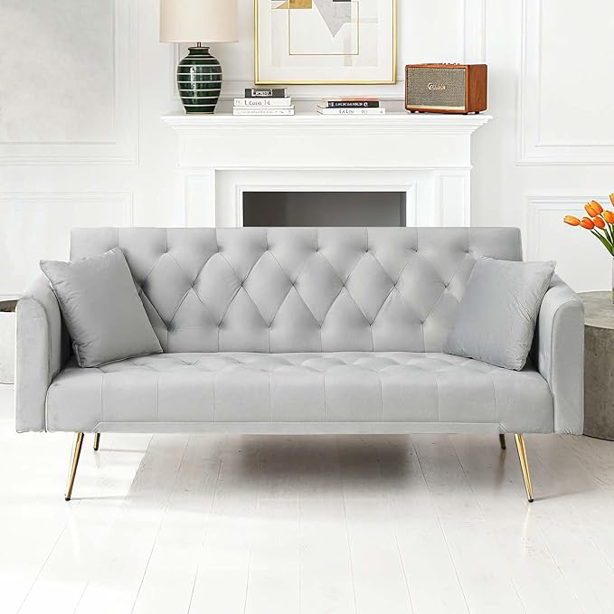 71Convertible Futon Sofa Bed - Modern Velvet Sleeper Couch with Adjustable Backrest Tufted Recliner with Golden Chrome Legs &amp 2 Pillows Perfect for Small Spaces Living Room &amp Apartment (Gr