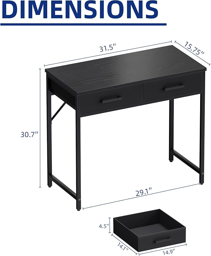 Pamray 32 Inch Small Computer Desk with 2 Drawers for Bedroom Study Writing Home Office Table for Small Spaces Vintage