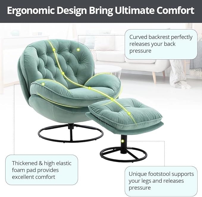 Velvet Swivel Accent Chair with Ottoman Set Modern Lounge Chair with Metal Base Frame &amp Footrest Comfortable Single Leisure Sofa Chair Reading Chair with 360 Degree Swiveling for Living Room Te