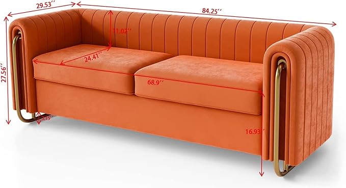 KEVINSPACE 84.25 Modern Sofa Couch Velvet Loveseat Sectional Sofa Couch with Gold Legs for 3-4 Persons Upholstered Deep Seat Love Seat Mid-Century Sofa for Living Room Office Apartment Orange