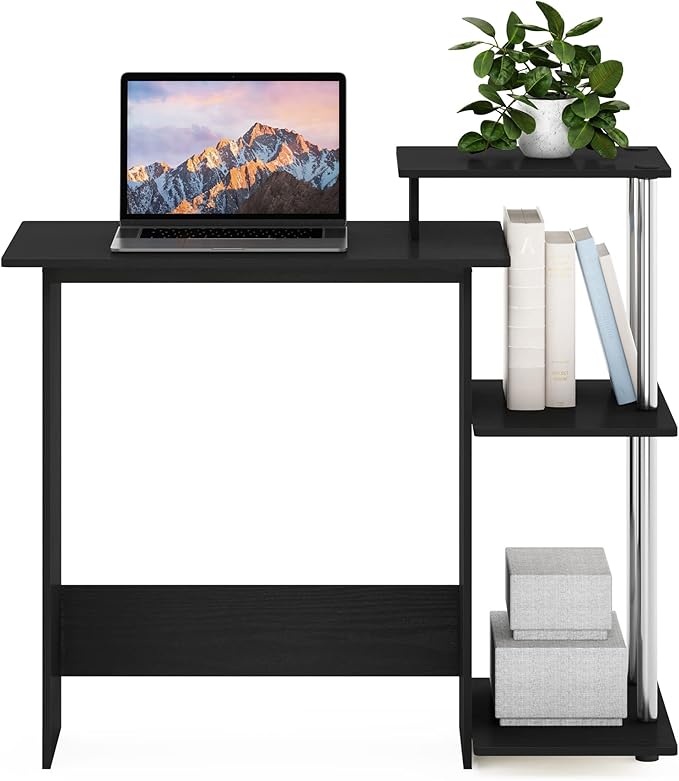 Furinno EFFICIENT Desk 28.6 Wide Gaming Desk with 3 Open Side Shelves Laptop Notebook Computer Desk Office Desk for Home Office Study Room Dorm Bedroom Americano/Stainless Steel
