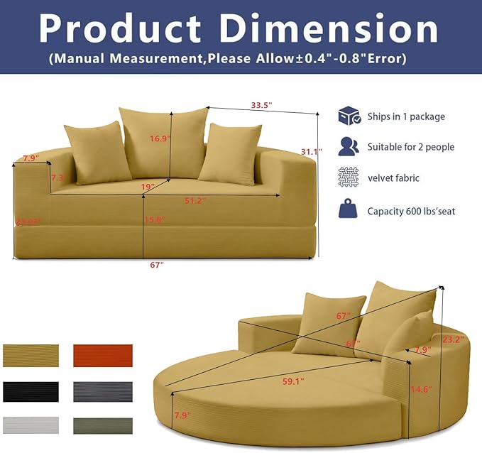 67 Round Convertible Folding Sofa Bed Boneless Couch Loveseat Floor Sleeper Chaise Lounge for Living Room Apartment Dorm Small Spaces Yellow