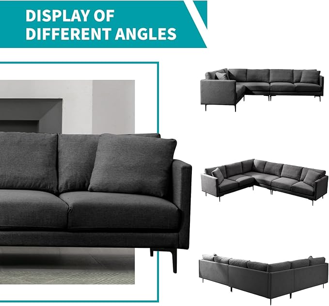 BALUS 107 W Sectional L Shaped Sofa Couch Set for Living Room Convertible Oversized 5-Seat Corner Sofa Sets with 2 Pillows Modern Linen Sofas with Metal Legs for Living Room Apartment - Dark Grey