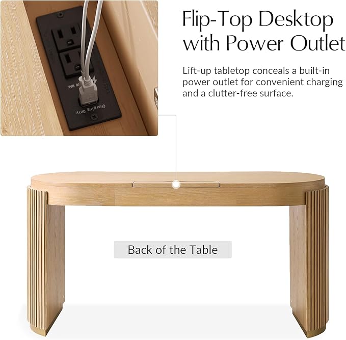 HULALA HOME 60 Modern Executive Desk with Storage Writing Desk with Fluted Legs Home Office Desk with Charging Station Oak