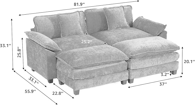81.9 Oversized Beige Loveseat Sofa 2 Seater Large Sectional Couches for Living Room Chenille Fabric Modular Sectional Sofa with 2 Ottoman Deep Seat Wide Armrest Home Sofas Set Love Seat Couches