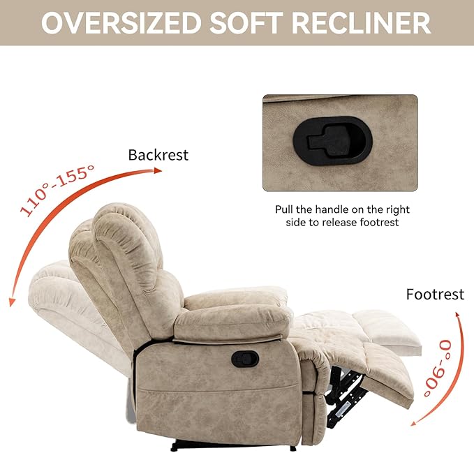 Manual Recliner Chair with Adjustable Recline for Living Room Oversized Lazyboy Recliner Chairs with Overstuffed Arm &amp Back Comfy Soft Fabric Lounge Single Sofa for Adults (Beige)