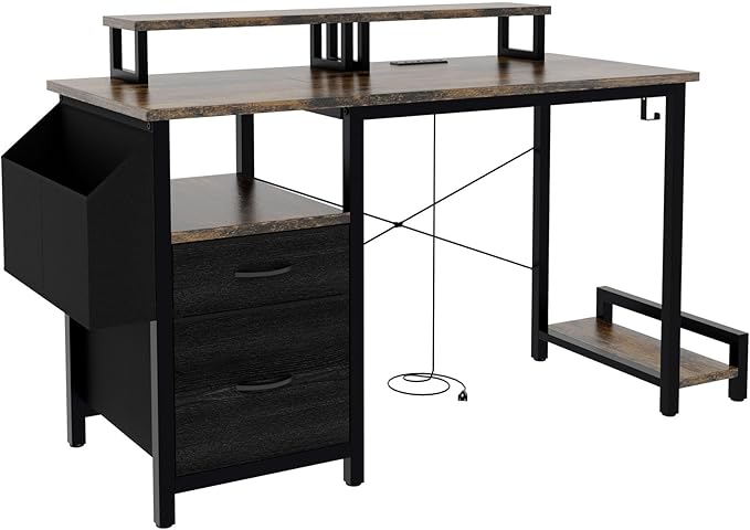 Home Office Desk with Side Pocket and Drawers Modern Computer Desk for Small Space Bedroom 47 Inch Gaming Desk with Power Outlet &amp 2 Movable Monitor Shelves (Rustic Brown)