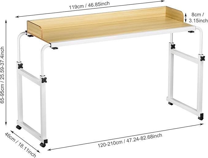 Adjustable Height Overbed Table Rolling Overbed Bedside Desk with Raised Baffle and Spacious Desktop Over BedTable with Wheels for Home Office Bedroom Hospital Use (Wooden Color1)