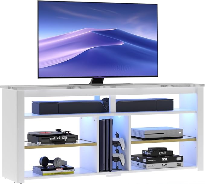 Bestier LED Tall Entertainment Center for PS4 55 inch TV Stand for 55/60/65 inch TV TV Console with Storage Media TV Cabinet with Adjustable Shelf for Living Room White Marble
