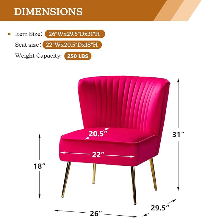 HULALA HOME Velvet Accent Chair Modern Upholstered Cute Side Chair with Gold Metal Legs Armless Wingback Slipper Chair Comfy Living Room Chair for Bedroom Guest Room VanityFuchsia