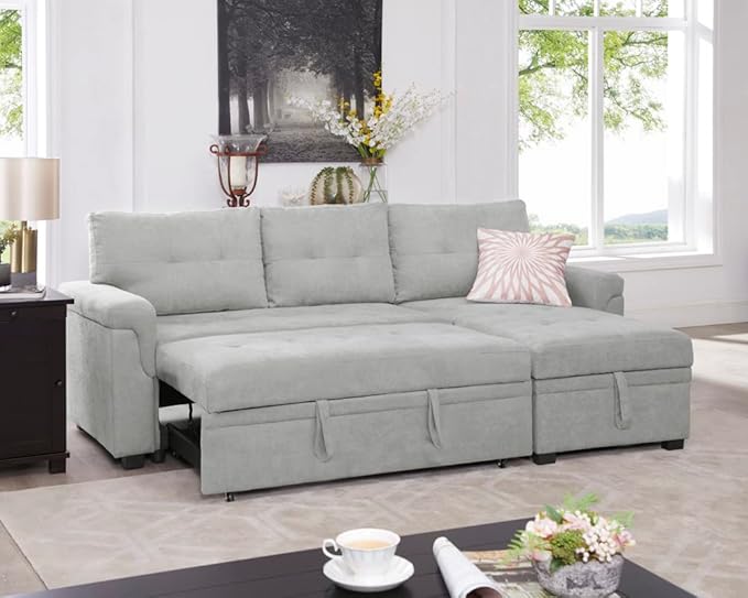 Naomi Home 85 in. Convertible Sofa with Storage Reversible L Shape Sofa Couch with Chaise Comfy Couches for Living Room Gray/Velvet