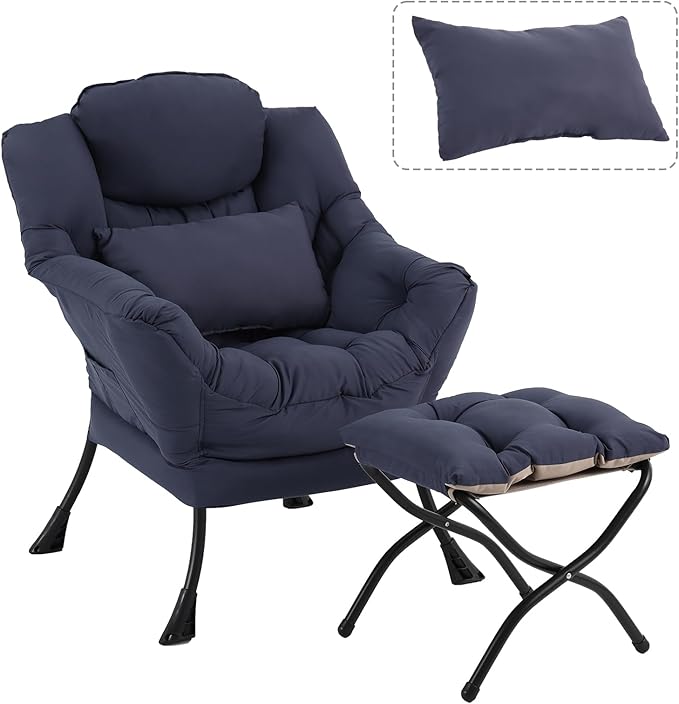 Lazy Chair with Ottoman Modern Accent Chair with Lumbar Pillow Navy Blue Sofa Armchairs with Folding Footrest Oversized Supportive Chairs for Bedroom Reading