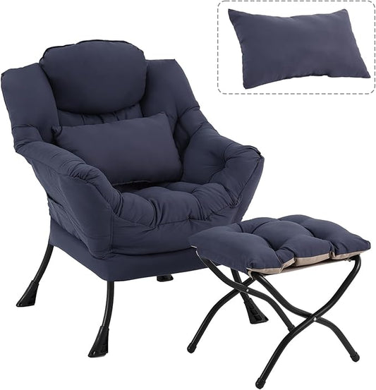 Lazy Chair with Ottoman Modern Accent Chair with Lumbar Pillow Navy Blue Sofa Armchairs with Folding Footrest Oversized Supportive Chairs for Bedroom Reading