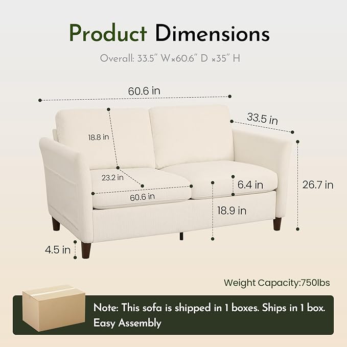 60.6 Corduroy Loveseat Sofa Modern Comfy Couches with Side Pocket 2-Seater Sofa Couch for Living Room Bedroom and Small SpacesBeige