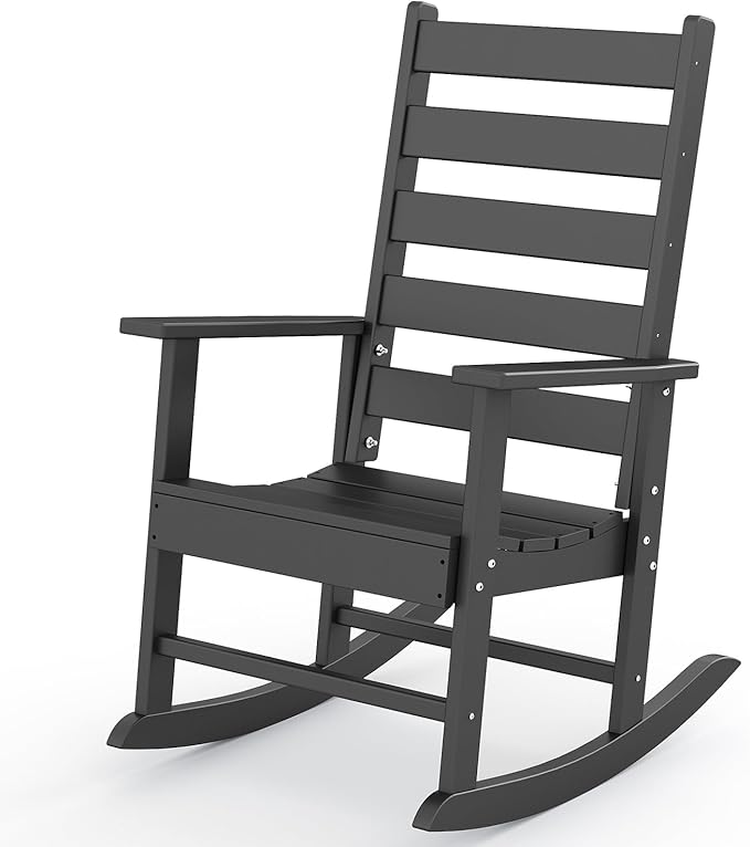 GREENVINES Outdoor-Rocking-Chair | HDPE Plastic | Patio Rockers | Porch Rocker Chairs | Shaker | Oversized | High Ladder Back | Big &amp Tall | PentaLuxe | Black
