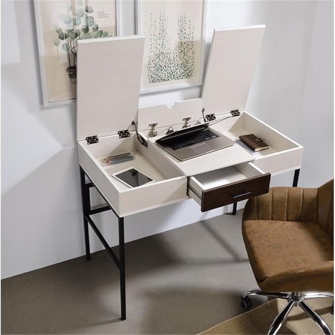 BOWERY HILL Wooden 1-Drawer Writing Desk Natural and Black Finish 42 W x 22 D x 31 H Built-in USB Ports and Outlets Flip-Up Compartments Industrial Design Home Office Desk