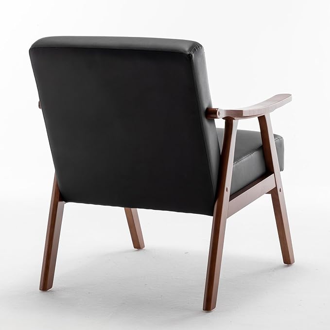 Mid Century Modern Accent Chair with Solid Wood Frame Armchairs with Faux Leather for Bedroom Reading Room Living Room and Lounge Black