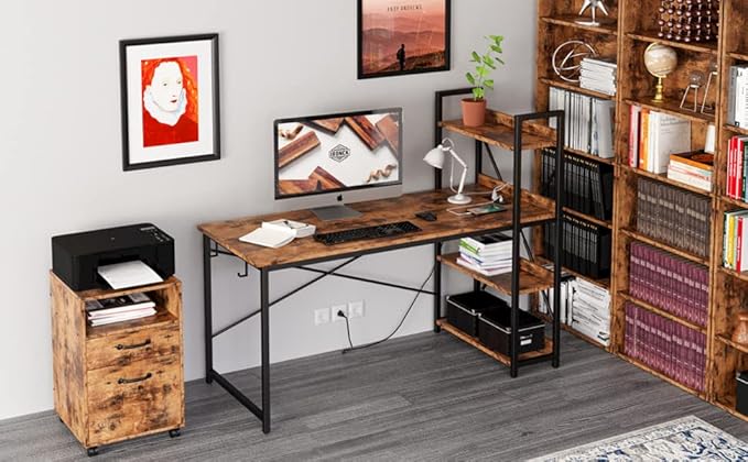 IRONCK Computer Desk 47 with Power Outlet and Storage Shelves Study Writing Table with USB Ports Charging Station PC Desk Workstation for Home Office Rustic Brown