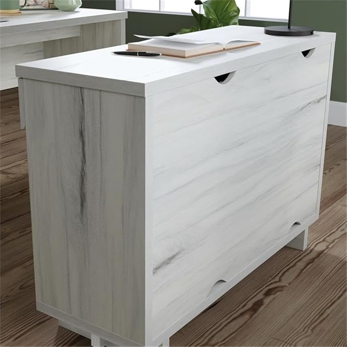 Pemberly Row Engineered Wood Desk with Credenza 30 H x 60 W x 65.98 D Haze Acacia/Natural Finish Adjustable Storage Shelves Drawer Cord Management L-Shaped Home Office Desk