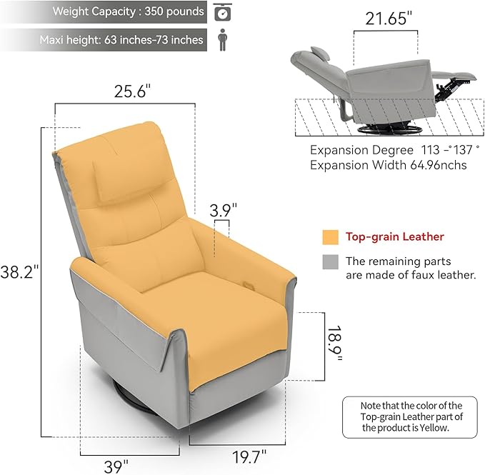 AIRSKY Leather Recliner Chair Top Grain Leather Italian Water-Washing Process Movable HeadrestRecliner Chairs for Adults Nursery Rocking ChairsSwivel Rocker Recliner Living Room ChairGreyR3