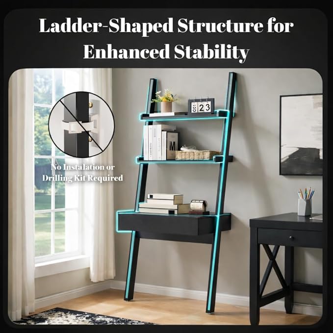 Home Office Desk with Ladder Shelf &amp Drawer Computer Writing Desk with Storage Shelves Modern Small Desk for Bedroom Study