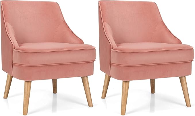 Giantex Set of 2 Velvet Accent Chairs Mid Century Single Sofa Chair w/Rubber Wood Legs Comfy Slipper Chair Upholstered Armless Leisure Side Chair for Living Room Bedroom Meeting Room Pink