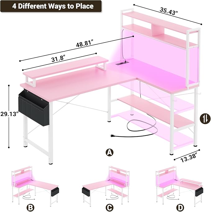 Aheaplus L Shaped Gaming Desk with Power Outlets &amp LED Lights Small L- Shaped Desk Computer Corner Desk with Monitor Stand &amp Storage Shelf Home Office Desk Writing Desk with Storage Bag Pin