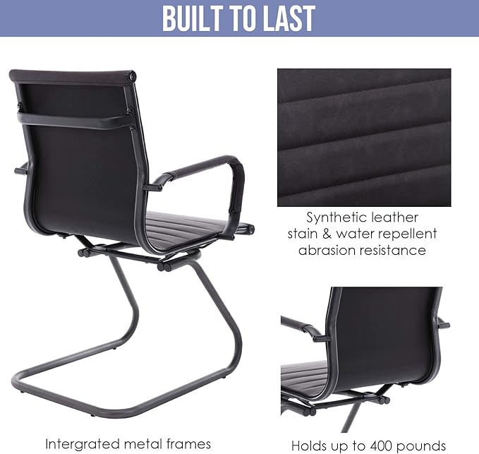 HNY Leather Office Guest Chairs &amp Reception Chairs Set of 8 Modern Waiting Room Chairs with Arms Desk Chair no Wheels with Sled Base for Waiting Room/Conference Room Retro Black
