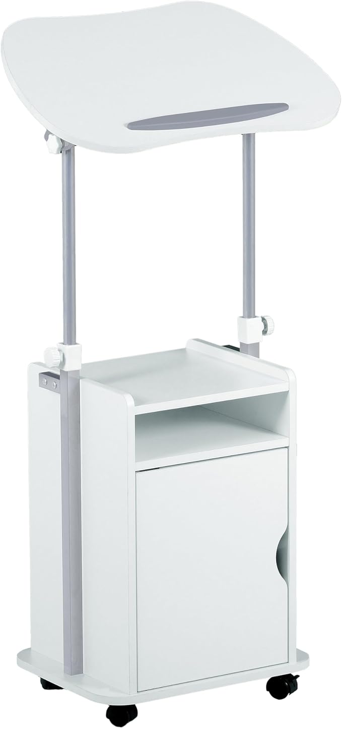 Techni Mobili Adjustable Laptop Cart with Storage Rolling Mobile Workstation Desk with Cabinet Shelf &amp Locking Wheels. Height Adjustable Sit to Stand for Home Office Bedside or Classroom (Whit
