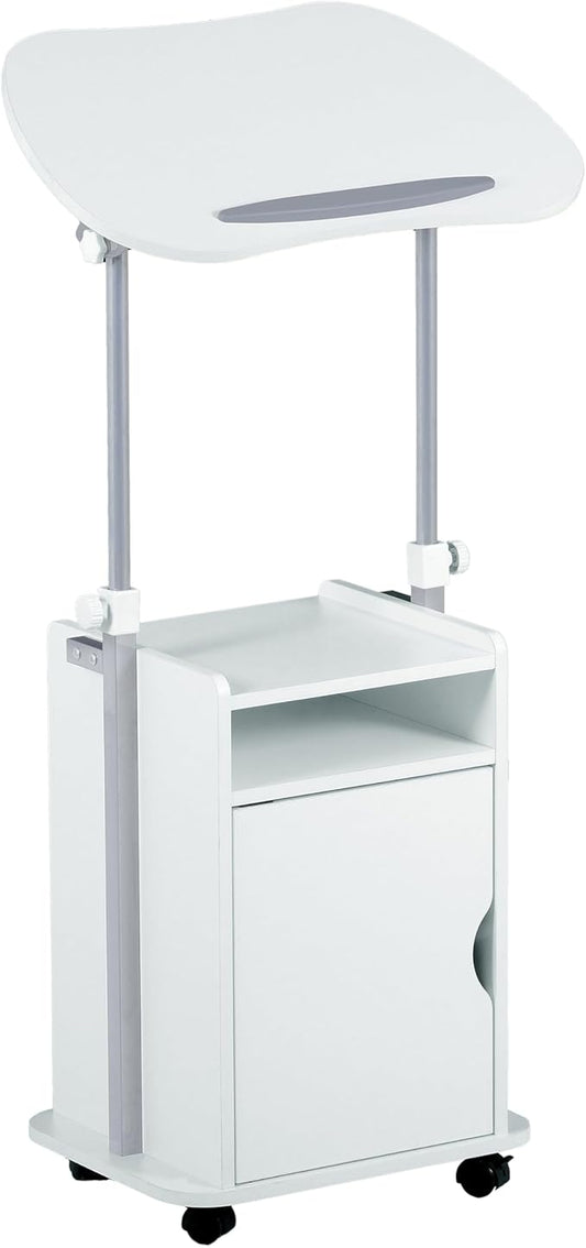 Techni Mobili Adjustable Laptop Cart with Storage Rolling Mobile Workstation Desk with Cabinet Shelf &amp Locking Wheels. Height Adjustable Sit to Stand for Home Office Bedside or Classroom (Whit
