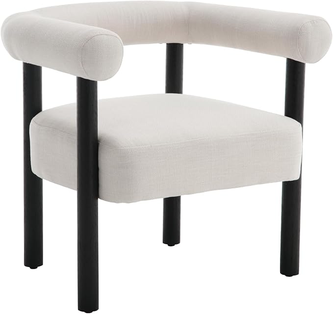 Wahson Modern Accent Chair with Black Wooden Legs Linen Upholstered Barrel Chair with Curved Backrest Small Reading Chair for Living Room/Bedroom/Office Beige
