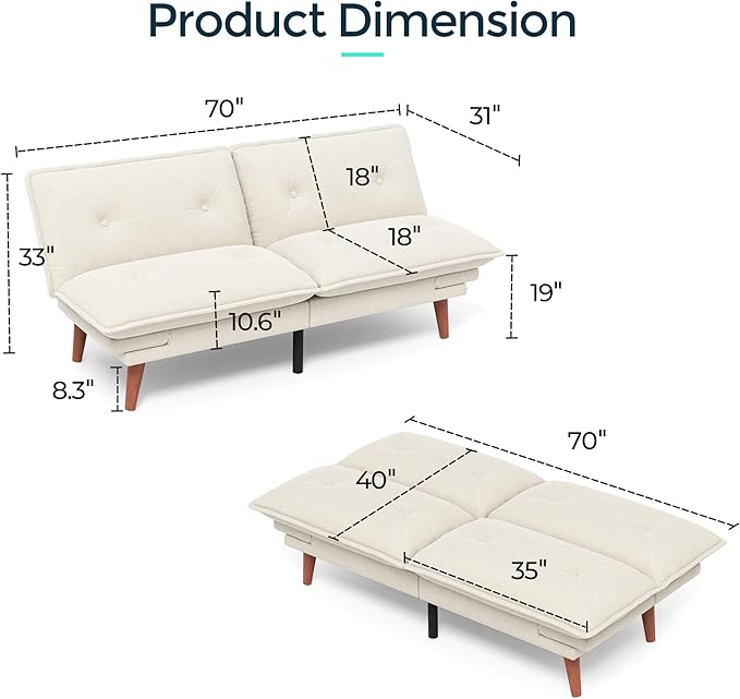 LINSY HOME Futon Sofa Bed 70 Chenille Futon Couch with Adjustable Backrest Armrest 3 in 1 Convertible Comfy Loveseat Sleeper Sofa Bed for Small Spaces Dorm Room Apartment Home Office Beige White