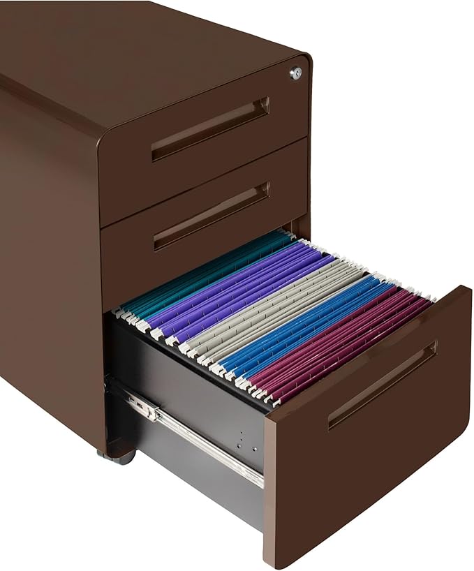Laura Davidson Furniture Stockpile 3 Drawer File Cabinet with Lock - Under Office Desk Metal Filing Cabinet Legal/Letter File Folders Wheels and Stationary Feet Pre-Assembled Dark Brown