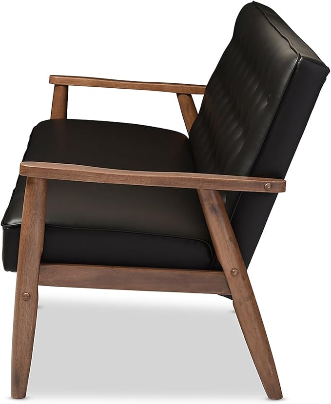 Baxton Studio Sorrento Mid-Century Retro Modern Faux Leather Upholstered Wooden 3-Seater Sofa Black