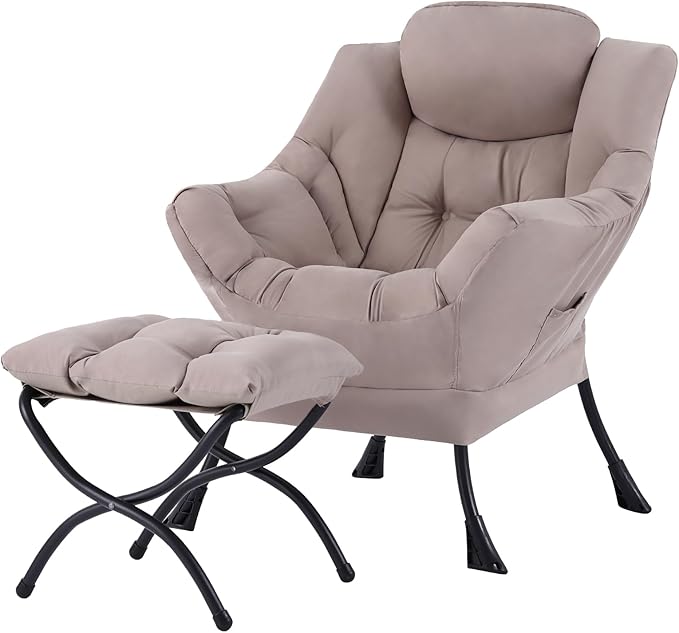 Tiita Lazy Chair with Ottoman Khaki Modern Large Accent Chair Comfy Leisure Sofa Armchair with Ottoman Reading Chair with Footrest for Bedroom Living Room Dorm Rooms Khaki