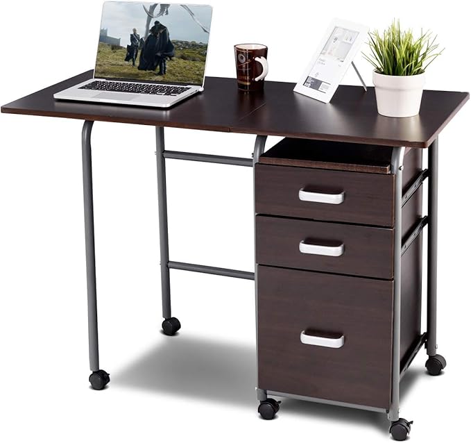 Tangkula Folding Computer Desk with 3 Drawers Mobile Home Office Desk Portable Laptop Desk Writing Table Space Saving Compact Desk for Small Spaces Dorm Apartment